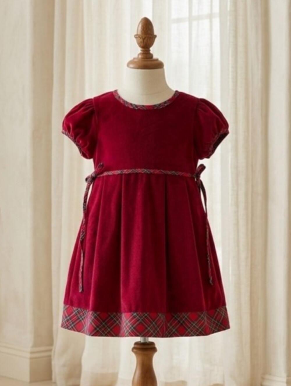 Lil Cactus Deep Red Velvet Christmas Dress Plaid Trim 4T